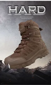 Macro detail of brown tactical boot featuring rugged rubber outsole and reinforced toe