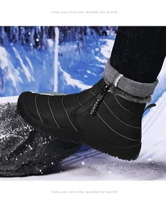 Macro shot of waterproof fabric, thick faux fur lining, and side zipper on winter snow boot