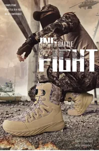 Détail de la botte tactique avec tissu camouflage et système de laçage rotatif
