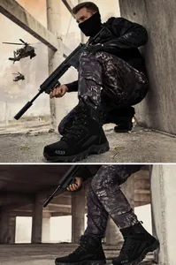 Détail des bottes tactiques noires montantes avec bout renforcé et style camouflage
