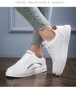 Detailed back view of white casual sneakers featuring gold metallic heel trim and thick soles