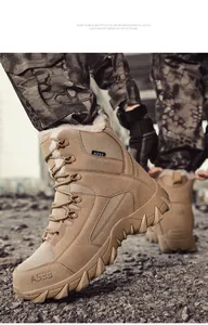 Gros plan de bottes tactiques kaki avec doublure polaire chaude et semelles antidérapantes