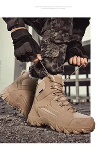 Detail of insulated tactical boots with warm fleece lining for cold outdoor conditions