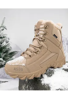 Detail view of khaki winter military boots with warm fleece lining and rugged rubber soles