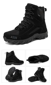 Detailed views of black tactical boots showing anti-slip rubber soles and durable laces