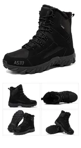 Detail view of high-top winter boots with warm fur lining and non-slip rubber outsoles
