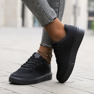 Men's stylish all-black breathable knitted sneakers with thick soles for running