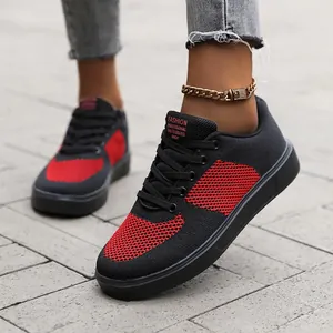 Men's fashionable black and red mesh flying woven sneakers with lace-up casual design