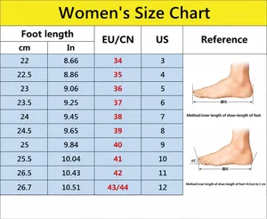 Women's footwear size chart with foot length measurements in centimeters and inches