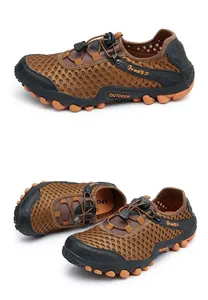 Detailed side and top views of breathable mesh hiking shoes with durable rubber soles