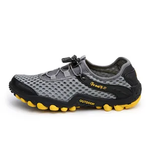 Breathable gray mesh outdoor water shoes with anti-slip yellow rubber sole and quick laces
