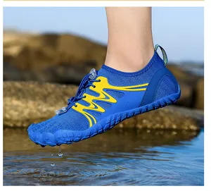 Blue and yellow barefoot water shoes with quick-dry mesh and non-slip rubber soles