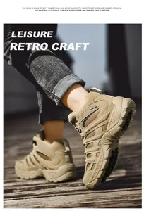 Close-up of durable khaki hiking boot with slip-resistant thick rubber sole on wooden deck
