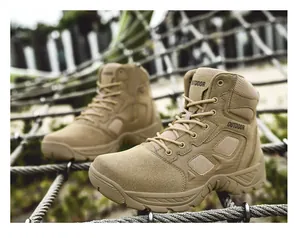 Detail of sand khaki tactical boot with suede finish and side zipper for outdoor hiking
