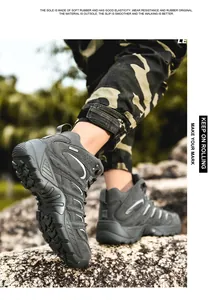 Detailed view of grey suede waterproof hiking shoes with non-slip soft rubber outsole