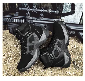 Outdoor tactical boots with breathable mesh and suede upper in a rugged desert landscape