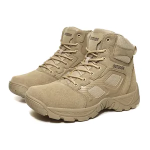Sand colored outdoor tactical boots with high-top suede and breathable mesh panels