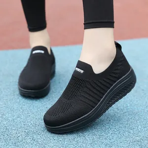 Women's Rocker Sole Walking Shoes Breathable Flyknit Mesh Slip-on Sneakers Comfortable Thick Bottom Work Nursing Shoes
