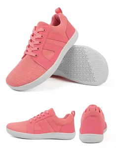 Three-angle detail view of pink mesh breathable sneakers with white anti-slip flat soles