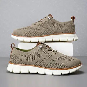 Leichte, atmungsaktive Strick-Loafer in Khaki für Herren mit gepolsterter Sohle und Schnürung