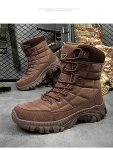 Macro shot of high-top tactical combat boots showing suede and honeycomb fabric texture
