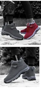 Detail of high-top snow boots with faux fur lining and non-slip rubber soles for winter