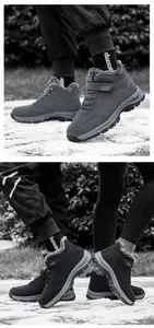 Close-up of winter snow boots with plush lining, Velcro closure, and outdoor soles