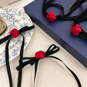French Retro Rose Flower Hair Clip Satin Bow Long Ribbon Tassel Hair Rope Elegant Balletcore Style Accessories For Women