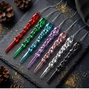 Detailed view of colorful twisted icicle ornaments with silver strings on a dark background