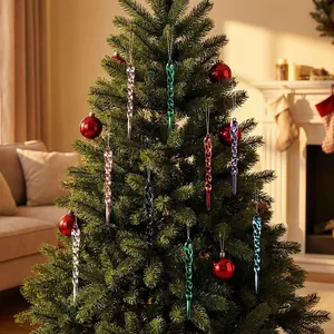 Close-up of colorful acrylic icicle ornaments with spiral design hanging on a Christmas tree