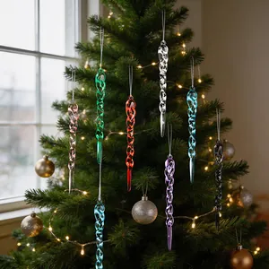 Macro shot of colorful spiral icicle Christmas tree ornaments with silver hanging cords