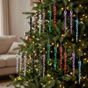 Colorful clear twisted icicle ornaments hanging on a decorated Christmas tree