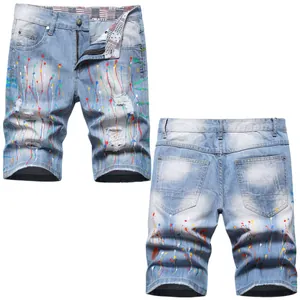Short en Jean Hip Hop Homme Bleu Clair Avec Éclaboussures de Peinture Denim Déchiré Streetwear Bas Décontracté Été