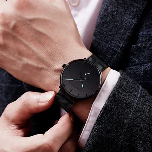 Premium men's black quartz watch featuring luminous hands and a stylish steel mesh strap