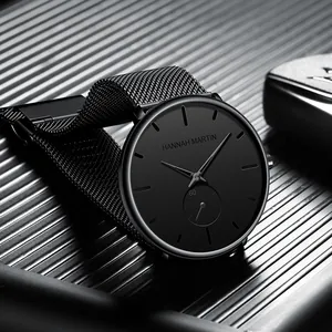 Premium minimalist black men's quartz watch featuring a sleek mesh strap and sub-dial