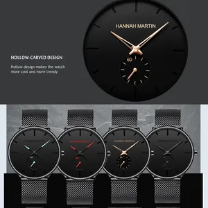 Men's minimalist black quartz watch with luminous hands and stainless steel mesh strap.