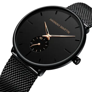 Elegant minimalist black men's quartz watch with rose gold hands and mesh strap