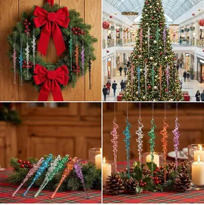 Close-up of assorted colorful acrylic icicle ornaments on festive Christmas tree wreaths