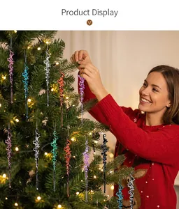 Hanging colorful acrylic icicle ornaments on a Christmas tree for holiday decoration