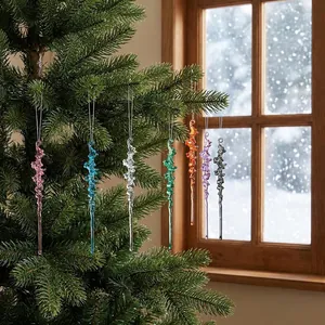 Colorful acrylic icicle ornaments with spiral texture hanging on a Christmas tree branch