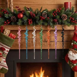Colorful twisted acrylic icicle ornaments hanging on a festive Christmas fireplace mantle