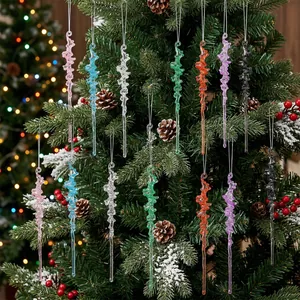 Set of 12 colorful acrylic icicle ornaments hanging on a festive Christmas tree