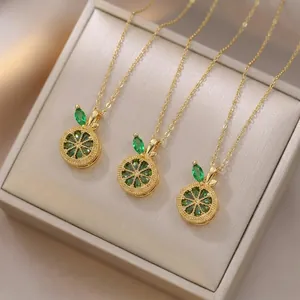 Collier Pendentif Citron En Acier Inoxydable Plaque Or Cristal Vert Tranche De Fruit Style Frais Bijoux Cadeau Femme
