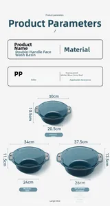 Size chart for transparent washbasins in medium, large, and extra-large with dimensions