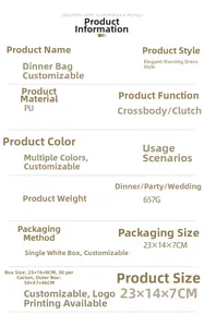 Detailed technical specifications for PU evening bag: 23x14x7cm size and 657g weight info
