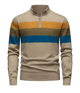 Slim fit men's half-zip knit sweater with horizontal stripes in blue and orange