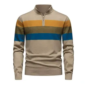 Men Sweater Half Zip Stand Collar Color Block Striped Polyester Knit Pullover Long Sleeve Casual Slim Fit Tops