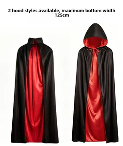 Dual-sided red and black Halloween cape showing hooded and collared styles with 125cm width