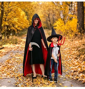 Halloween black and red hooded cloak set for adults and kids with scythe and trident props