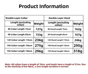 Size chart for red and black Halloween cloaks with length and weight specifications